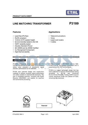 P3189 datasheet - LINE MATCHING TRANSFORMER