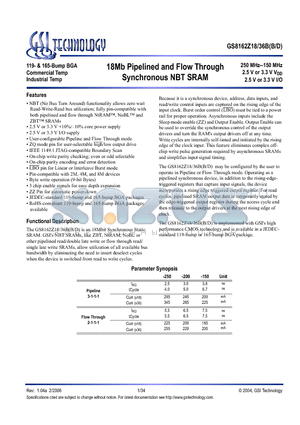 GS8162Z18BB-250I datasheet - 18Mb Pipelined and Flow Through Synchronous NBT SRAM