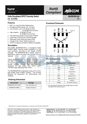 MASWSS0190TR-3000 datasheet - GaAs Broadband DPDT Diversity Switch 2.0 - 6.0 GHz