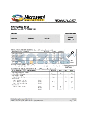 JANTXV2N4092 datasheet - N-CHANNEL J-FET Qualified per MIL-PRF-19500/431