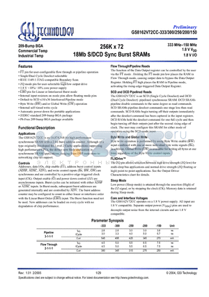 GS8162V72CGC-333 datasheet - 256K x 72 18Mb S/DCD Sync Burst SRAMs