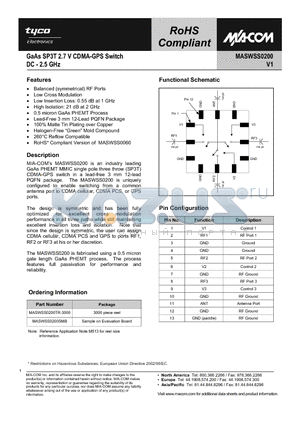 MASWSS0200 datasheet - GaAs SP3T 2.7 V CDMA-GPS Switch DC - 2.5 GHz