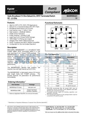 MASWSS0201 datasheet - GaAs Broadband 75 Ohm Default-On, SPDT Terminated Switch DC - 2.5 GHz