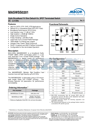 MASWSS0201 datasheet - GaAs Broadband 75 Ohm Default-On, SPDT Terminated Switch DC - 2.5 GHz