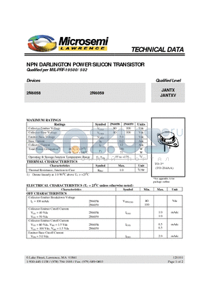 JANTXV2N6058 datasheet - NPN DARLINGTON POWER SILICON TRANSISTOR