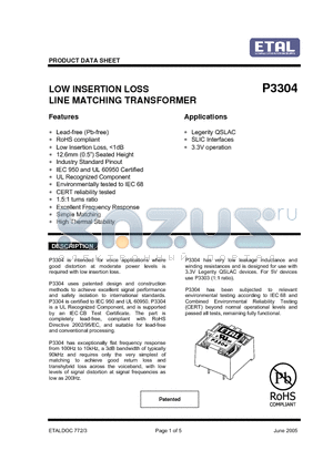 P3304 datasheet - LOW INSERTION LOSS LINE MATCHING TRANSFORMER