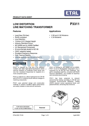 P3311 datasheet - LOW DISTORTION LINE MATCHING TRANSFORMER