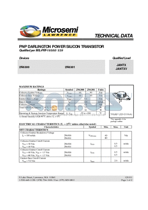 JANTXV2N6300 datasheet - PNP DARLINGTON POWER SILICON TRANSISTOR