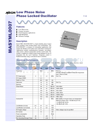 MASYML0007 datasheet - Low Phase Noise Phase Locked Oscillator