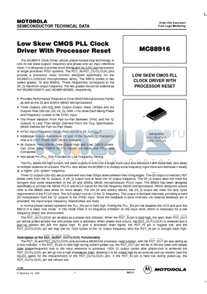 MC88916DWR2 datasheet - LOW SKEW CMOS PLL CLOCK DRIVER WITH PROCESSOR RESET