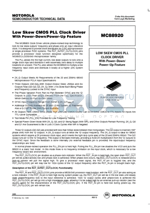 MC88920 datasheet - LOW SKEW CMOS PLL CLOCK DRIVER With Power-Down/ Power-Up Feature