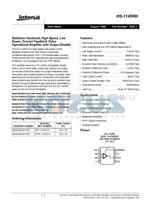 HS-1145RH datasheet - Radiation Hardened, High Speed, Low Power, Current Feedback Video Operational Amplifier with Output Disable