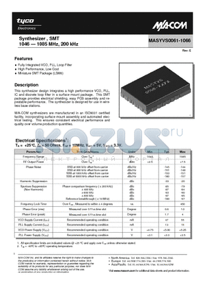 MASYVS0061-1066B datasheet - Synthesizer , SMT 1046 - 1085 MHz, 200 kHz