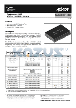 MASYVS0061-1066R datasheet - Synthesizer , SMT 1046 - 1085 MHz, 200 kHz