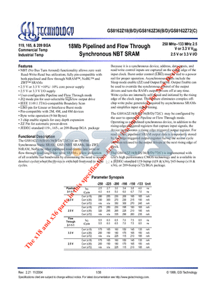 GS8162Z72C-133 datasheet - 18Mb Pipelined and Flow Through Synchronous NBT SRAM