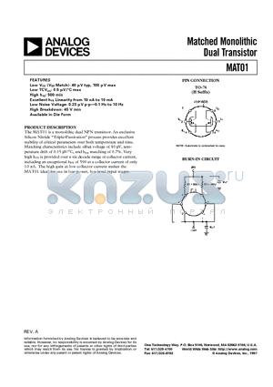 MAT01GH datasheet - Matched Monolithic Dual Transistor