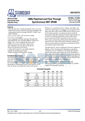 GS8162Z72C-133I datasheet - 18Mb Pipelined and Flow Through Synchronous NBT SRAM