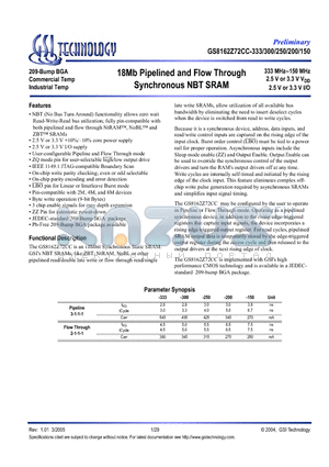 GS8162Z72CC-150 datasheet - 18Mb Pipelined and Flow Through Synchronous NBT SRAM