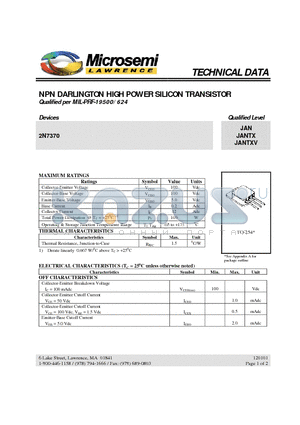 JANTXV2N7370 datasheet - NPN DARLINGTON HIGH POWER SILICON TRANSISTOR