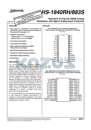 HS-1840RH883S datasheet - Rad-Hard 16 Channel CMOS Analog Multiplexer with High-Z Analog Input Protection