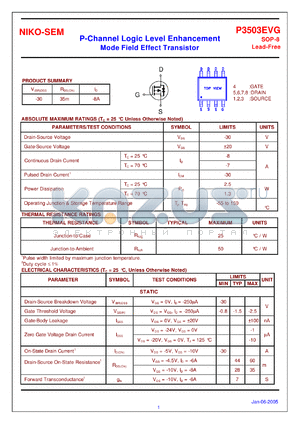 P3503EVG datasheet - P-Channel Logic Level Enhancement Mode Field Effect Transistor