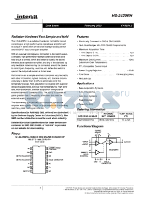 HS-2420RH datasheet - Radiation Hardened Fast Sample and Hold