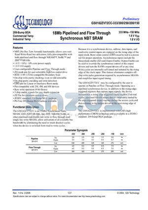 GS8162ZV72CGC-150I datasheet - 18Mb Pipelined and Flow Through Synchronous NBT SRAM