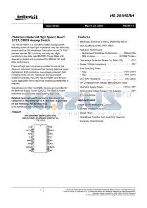 HS-201HSRH datasheet - Radiation Hardened High Speed, Quad SPST, CMOS Analog Switch