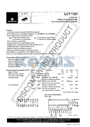 LC7120 datasheet - CMOS LSI 27MHz CB TRANSCEIVER PLL FREQUENCY SYNTHESIZER