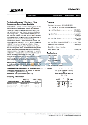 HS-2600RH datasheet - Radiation Hardened Wideband, High Impedance Operational Amplifier