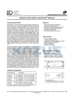EH300_12 datasheet - EH300/301 EPAD^ ENERGY HARVESTINGTM MODULES