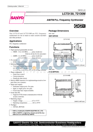 LC72130 datasheet - AM/FM PLL Frequency Synthesizer