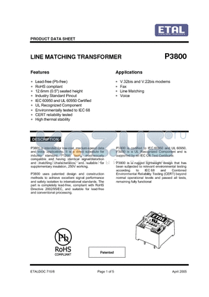 P3800 datasheet - LINE MATCHING TRANSFORMER