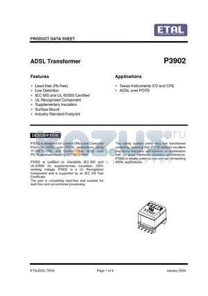 P3902 datasheet - ADSL Transformer