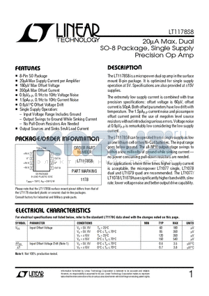 LT1178S8 datasheet - 20uA Max, Dual SO-8 Package, Single Supply Precision Op Amp
