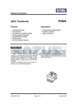 P3904 datasheet - ADSL Transformer