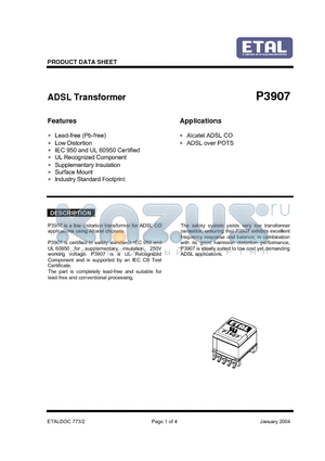 P3907 datasheet - ADSL Transformer