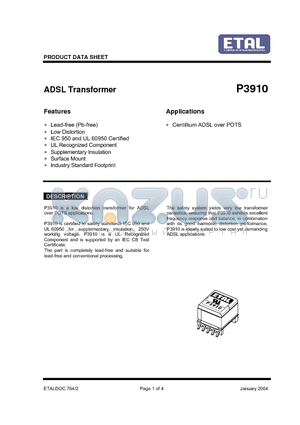 P3910 datasheet - ADSL Transformer