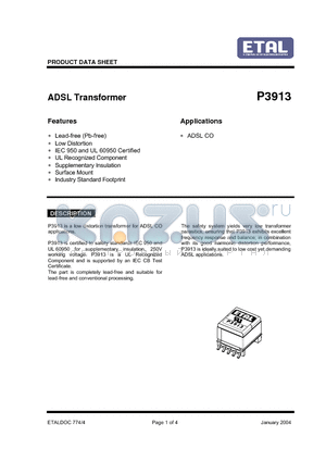 P3913 datasheet - ADSL Transformer