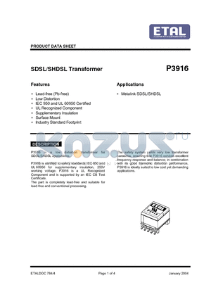 P3916 datasheet - SDSL/SHDSL Transformer