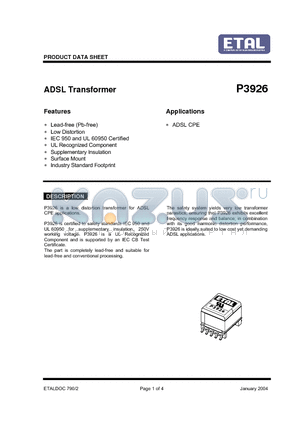 P3926 datasheet - ADSL Transformer
