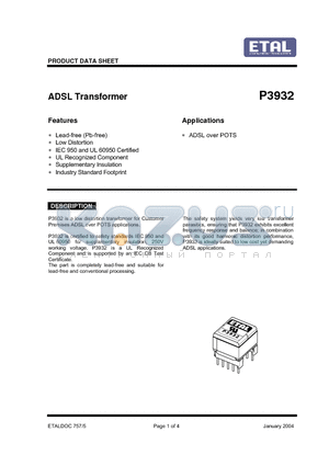 P3932 datasheet - ADSL Transformer