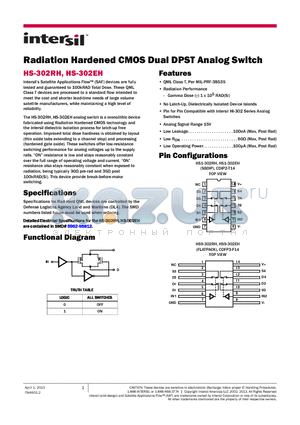 HS-302RH datasheet - Radiation Hardened CMOS Dual DPST Analog Switch