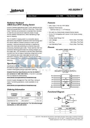 HS-302RH-T datasheet - Radiation Hardened CMOS Dual DPST Analog Switch