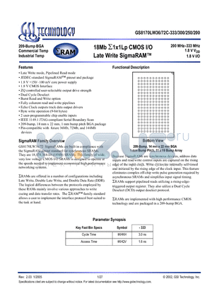 GS8170LW36C-250I datasheet - 18Mb sigma 1x1Lp CMOS I/O Late Write SigmaRAM