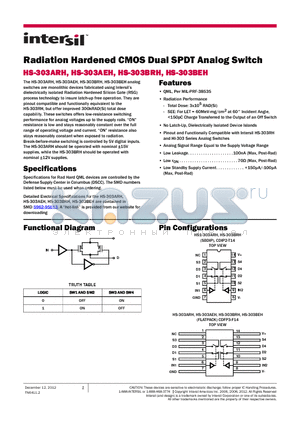 HS-303AEH datasheet - Radiation Hardened CMOS Dual SPDT Analog Switch