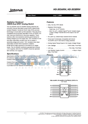 HS-303ARH datasheet - Radiation Hardened CMOS Dual SPDT Analog Switch