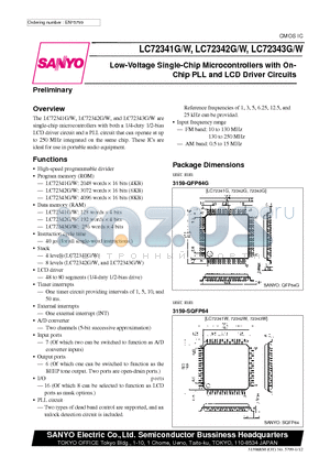 LC72341W datasheet - Low-Voltage Single-Chip Microcontrollers with On- Chip PLL and LCD Driver Circuits