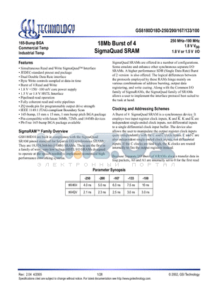 GS8180D18GD-167I datasheet - 18Mb Burst of 4 SigmaQuad SRAM