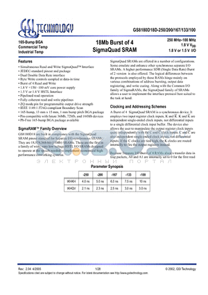 GS8180D18GD-200I datasheet - 18Mb Burst of 4 SigmaQuad SRAM